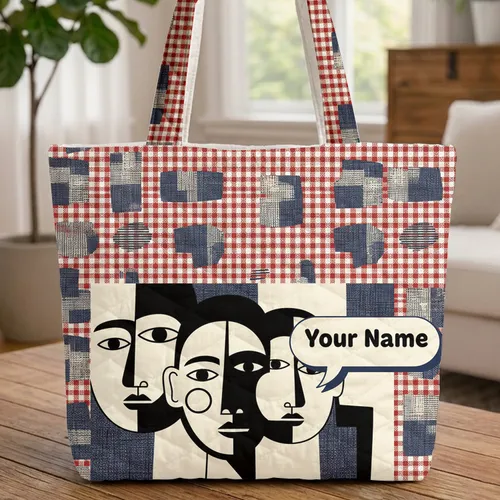 Three Faces Cloud Speech Bubble Gingham Check Weave Everyday Carry Essentials Gift Quilted Tote Bag