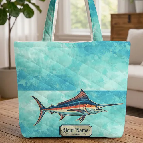 Blue Marlin Ocean Currents Vintage Badge - Everyday Carry Gift Quilted Tote Bag