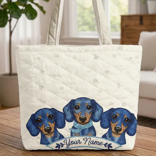 Dachshund Dogs Paw Print Bone Outline - Everyday Carry Gift for Dog Lovers Quilted Tote Bag