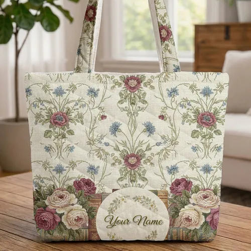 Vintage Books Wildflowers Botanical Floral Wreath Everyday Carry Quilted Tote Bag