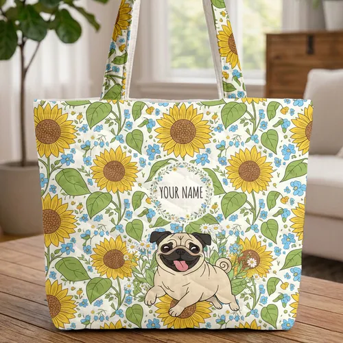Pug Dog Sunflower Field Flowers Floral Wreath - Everyday Carry Gift for Dog Lover Quilted Tote Bag