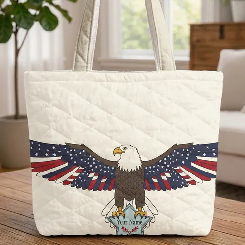 Majestic Bald Eagle American Flag Stars Patriotic Everyday Carry Gift for Veterans Quilted Tote Bag