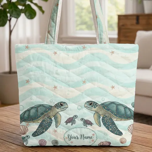 Sea Turtles Baby Turtles Seashells Starfish Aquatic Plants - Travel Essentials Quilted Tote Bag
