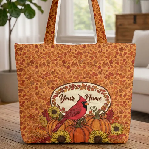 Red Cardinal Pumpkins Leaf Garland - Autumn Fall Season Everyday Carry Gift Quilted Tote Bag