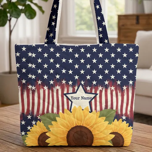 Sunflower American Stars Stripes - Everyday Carry Travel Market Day Gift Quilted Tote Bag