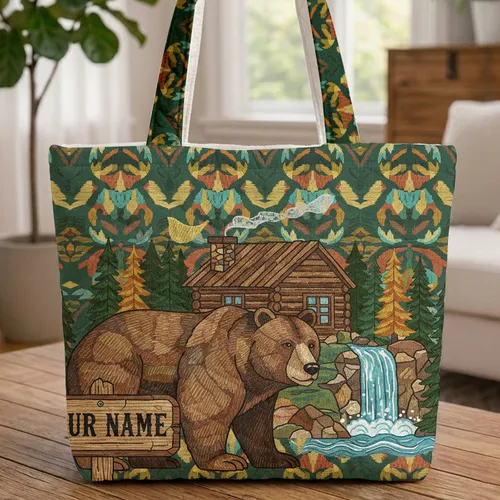 Brown Bear Rustic Cabin Waterfall Wooden Sign - Wildlife Lover Carry Gift Quilted Tote Bag