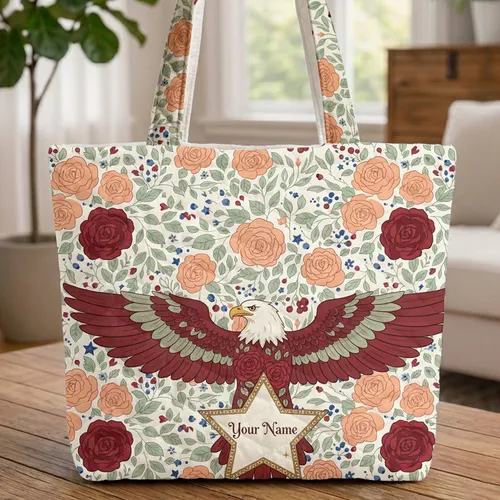Bald Eagle Red Rose Blue Star Personalized - Everyday Carry Patriotic Gift Quilted Tote Bag