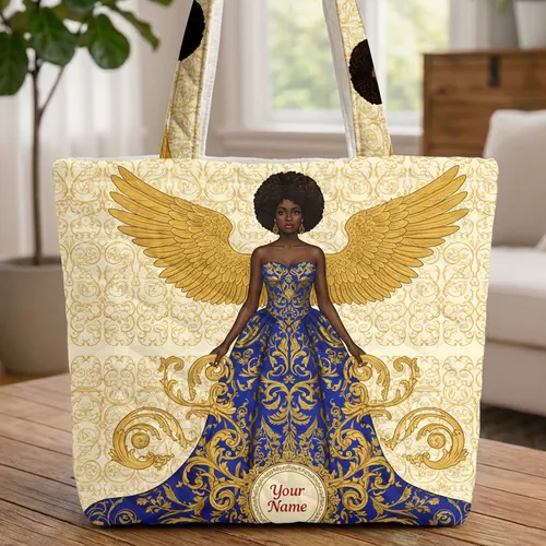 Black Woman Golden Wings Baroque Gown Rococo Scrollwork - Travel Essentials for Her Quilted Tote Bag
