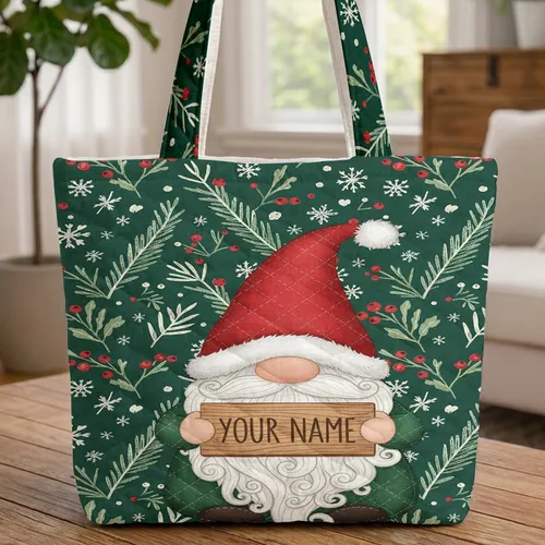 Gnome Winter Foliage Berries Snowflakes - Personalized Everyday Carry Gift Quilted Tote Bag