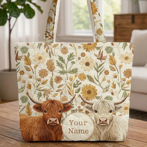 Highland Cow Farm Floral Hoop Frame - Market Day Gift for Animal Lover Quilted Tote Bag