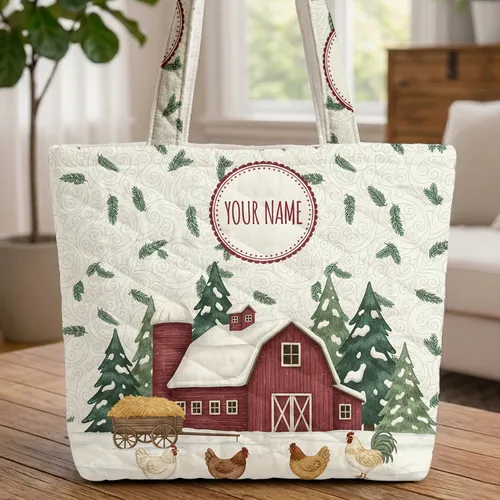Personalized Winter Farm Red Barn Chickens Everyday Carry Gift For Chicken Lovers Quilted Tote Bag