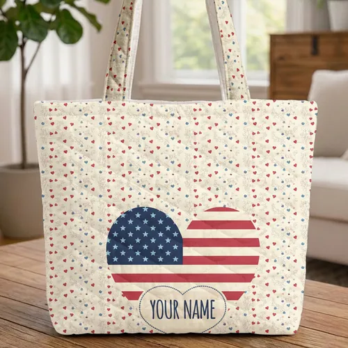 Heart-shaped American Flag Scattered Hearts Botanical Leaves - Everyday Carry Gift Quilted Tote Bag