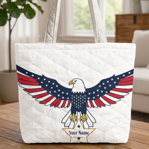 Bald Eagle American Flag Stars Name - Everyday Carry Gift for Veterans Quilted Tote Bag