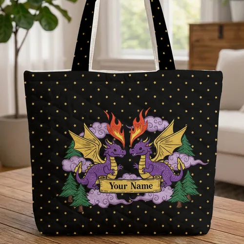 Personalized Purple Dragons Gold Wings Fire - Travel Essentials Gift for Dragon Lovers Quilted Tote Bag