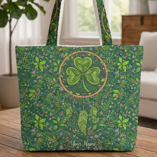Four-Leaf Clover Dreamcatcher Foliage Wildflower Personalized Name - Everyday Carry Gift Quilted Tote Bag