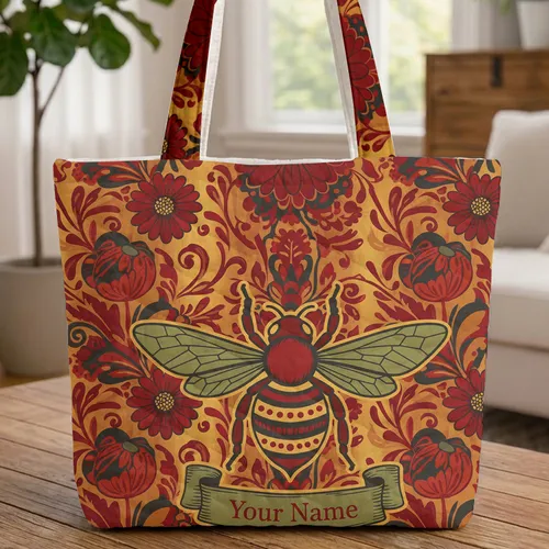 Bee Autumn Botanicals Daisies Curved Scroll - Everyday Carry Gift for Bee Lover Quilted Tote Bag