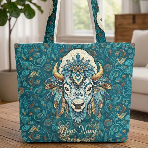 White Bison Tribal Feather Head Floral Wreath - Wildlife Lover Everyday Carry Gift Quilted Tote Bag