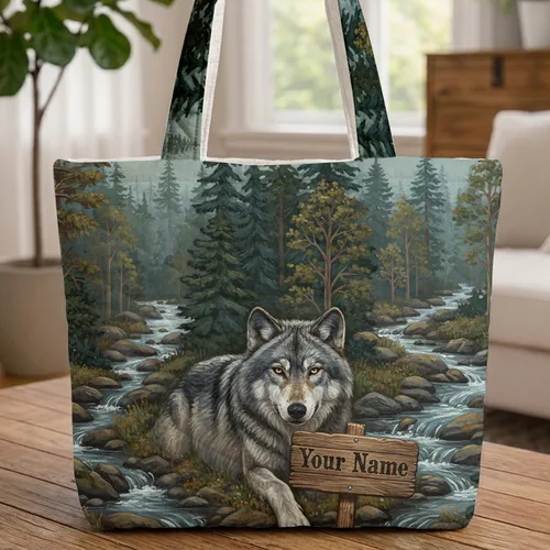 Grey Wolf Golden Eyes Forest Stream Wooden Name Sign - Everyday Carry Gift Quilted Tote Bag