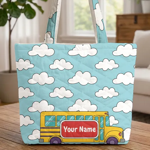 Yellow School Bus Fluffy Clouds - School Day Everyday Carry Travel Gift for Young Students Quilted Tote Bag