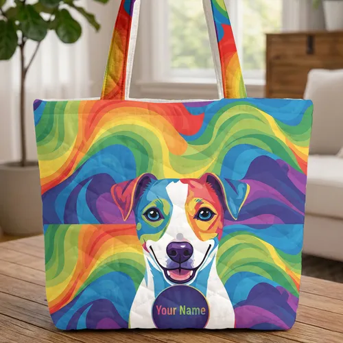 Jack Russell Dog Rainbow Swirls Personalized Name Medallion - Dog Lover Everyday Carry Gift Quilted Tote Bag