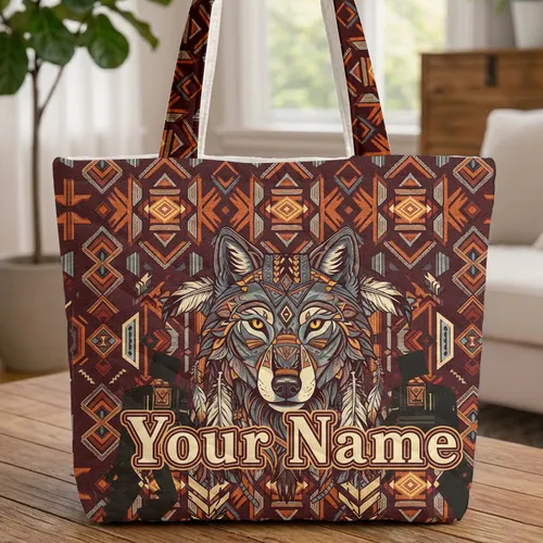 Majestic Wolf Head Tribal Feathers Inspired - Everyday Carry Gift for Wildlife Lover Quilted Tote Bag