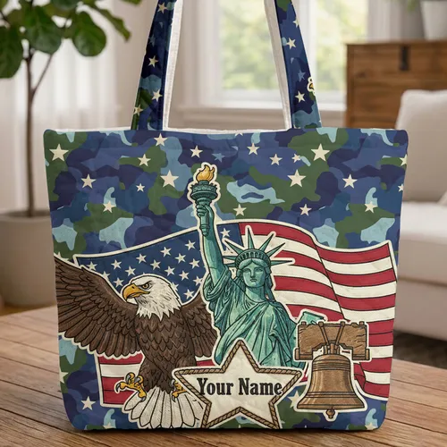 Personalized Bald Eagle American Flag Star Name - Independence Day Gift for Veterans Quilted Tote Bag