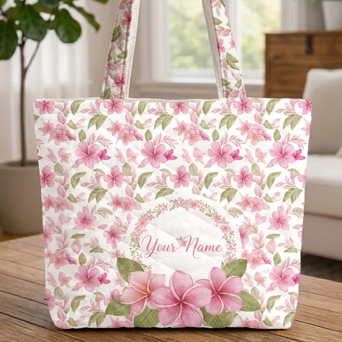 Plumeria Floral Tropical Leaves Wreath - Everyday Carry Gift Quilted Tote Bag