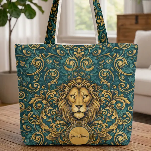 Regal Lion's Head Swirling Foliage Personalized Name Everyday Carry Gift Quilted Tote Bag