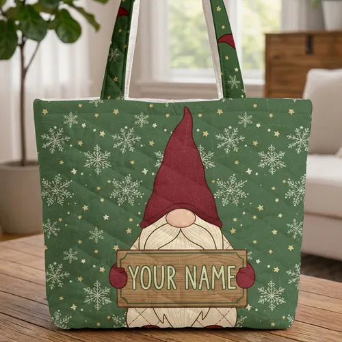 Gnome Red Hat Cream Beard Snowflake Star Christmas Personalized Everyday Carry Gift Quilted Tote Bag
