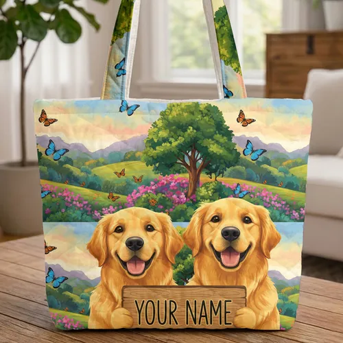 Personalized Golden Retriever Dogs Wildflower Landscape Everyday Carry Gift Quilted Tote Bag