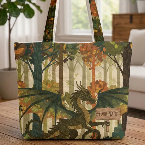 Dragon Forest Personalized Name Sign - Everyday Carry Gift for Dragon Lover Quilted Tote Bag