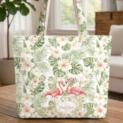 Pink Flamingos Hibiscus Floral Tropical - Everyday Carry Gift for Flamingo Lover Quilted Tote Bag