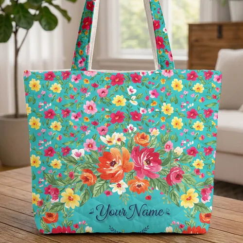 Floral Bouquet Flowers Green Leaves Wreath - Everyday Carry Gift Quilted Tote Bag