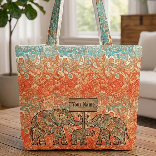 Three Elephants Tribal Wooden Sign - Everyday Carry Gift Quilted Tote Bag