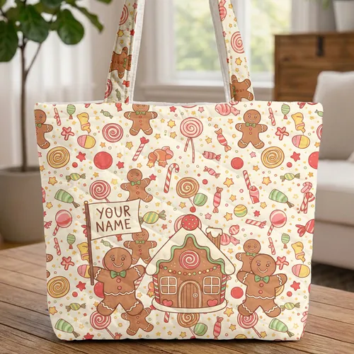 Gingerbread Men House Candies Personalized Name - Christmas Holiday Gift for Family Quilted Tote Bag