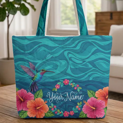 Hummingbird Hibiscus Tropical Floral Personalized - Everyday Carry Gift Wildlife Lover Quilted Tote Bag