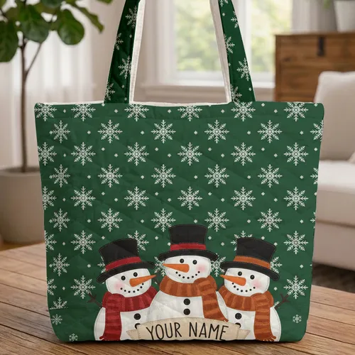 Applique Quilt Snowmen Snowflakes Christmas Gift Personalized for Her Quilted Tote Bag
