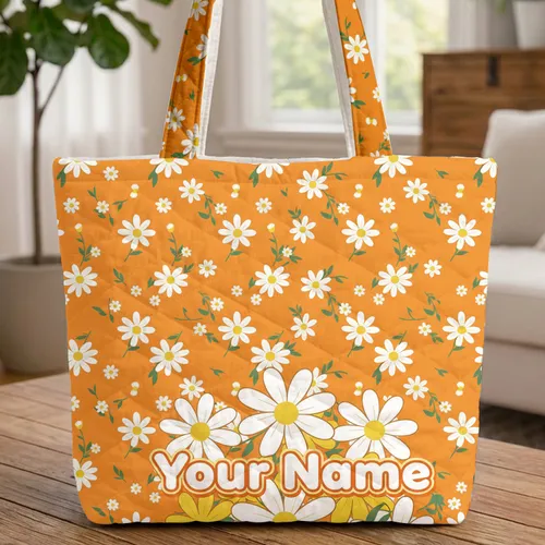 Orange White Yellow Daisy Cluster Flowers - Everyday Carry Lifestyle Gift Quilted Tote Bag