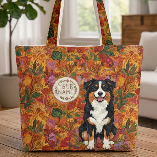 Australian Shepherd Mountain Wildflowers Name Everyday Carry Dog Lover Gift Quilted Tote Bag