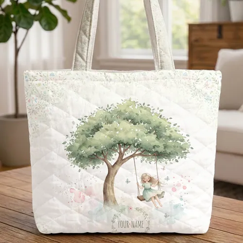 Girl on Swing Tree Butterflies Tiny Wildflower Wreath - Everyday Carry Gift Quilted Tote Bag