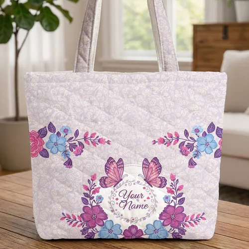Personal Name Ornate Butterflies Floral Wreath - Everyday Carry Gift Quilted Tote Bag