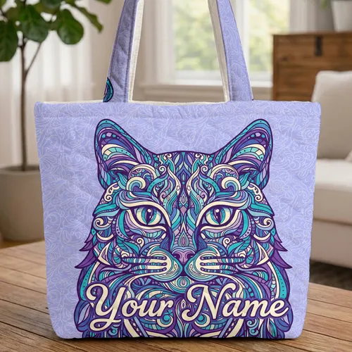 Lavender Blue Cat Face Name Calligraphy Stars - Everyday Carry Gift for Cat Lovers Quilted Tote Bag