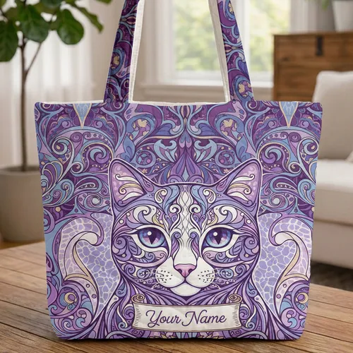Paisley Floral Swirls Cat Face Curved Scroll Everyday Carry Gift Quilted Tote Bag