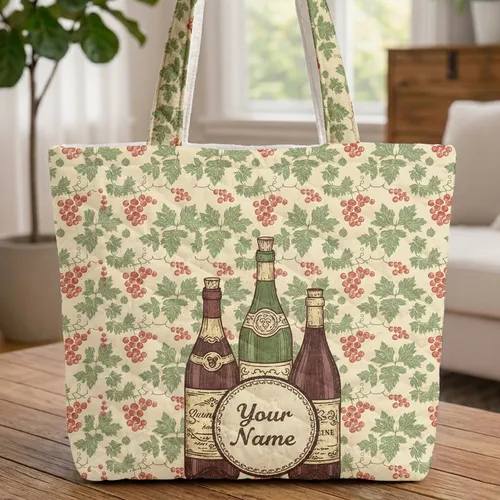 Scattered Grape Clusters Vine Leaves Wine Bottles - Vineyard Visit Gift for Wine Lovers Quilted Tote Bag