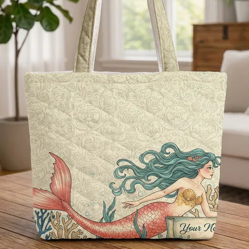 Graceful Mermaid Scrolling Tendrils Delicate Bubbles Coral Seaweed Market Day Carryall Gift Quilted Tote Bag