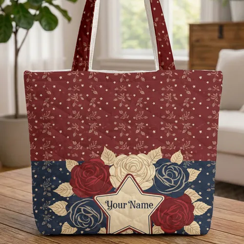 Patriotic Floral Roses Star Name - Everyday Carry Gift Quilted Tote Bag