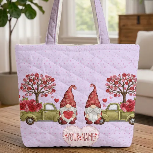 Gnomes Vintage Pickup Trucks Overflowing Roses Hearts - Everyday Carry Gift Quilted Tote Bag