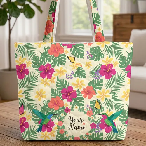 Hummingbirds Butterflies Tropical Name Wreath - Everyday Carry Gift Quilted Tote Bag