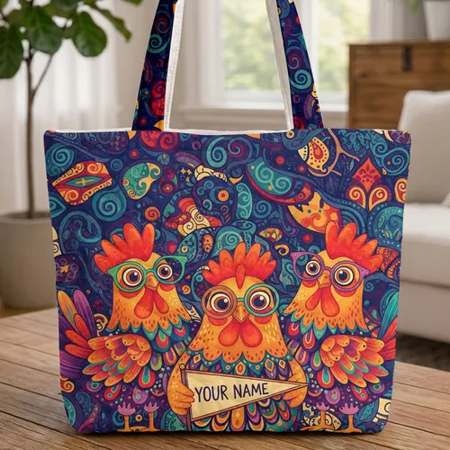 Chickens Large Eyes Bright Glasses Name Pennant - Everyday Carry Gift Chicken Lover Quilted Tote Bag