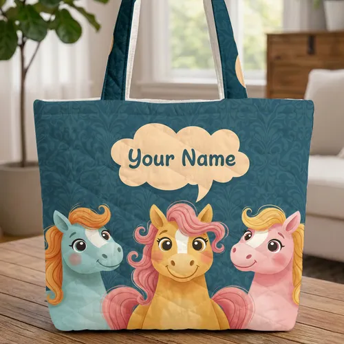 Personalized Cartoon Horses - Everyday Carry Gift for Horse Lover Quilted Tote Bag